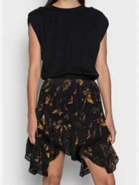 AllSaints Black and Gold Asymmetrical Ruffle Skirt